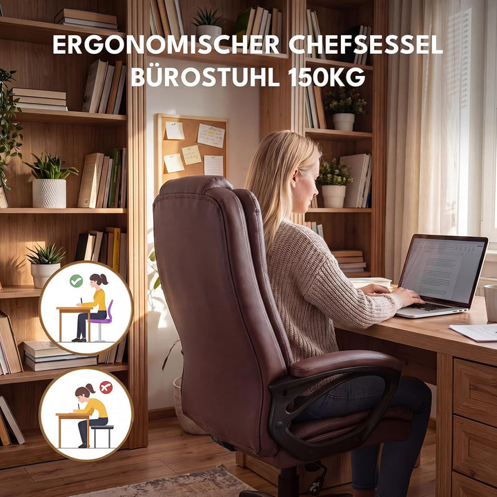 Bürostuhl mit Wippfunktion 150kg, Chefsessel Hohe Rückenlehne Braun, Braun