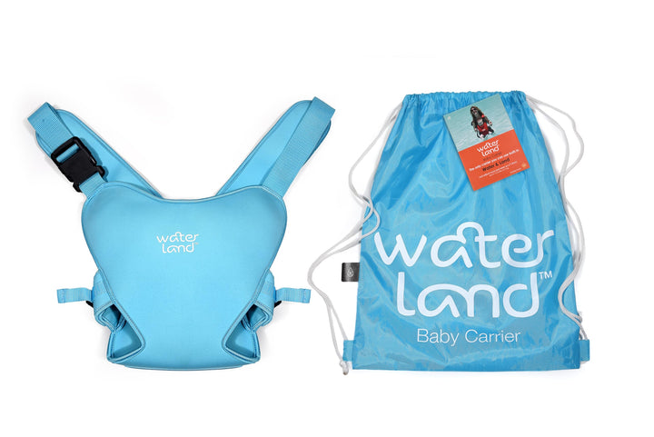WaterLand Babytrage Innovativer Tragesitz für Wasser und Land Hellblau - Wasserdichter Brustgurt für