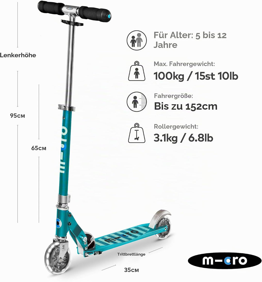 Micro Roller | Micro Sprite LED Kinderroller | Lenker verstellbar | Leuchtrollen | Faltbar | 5-12 Ja