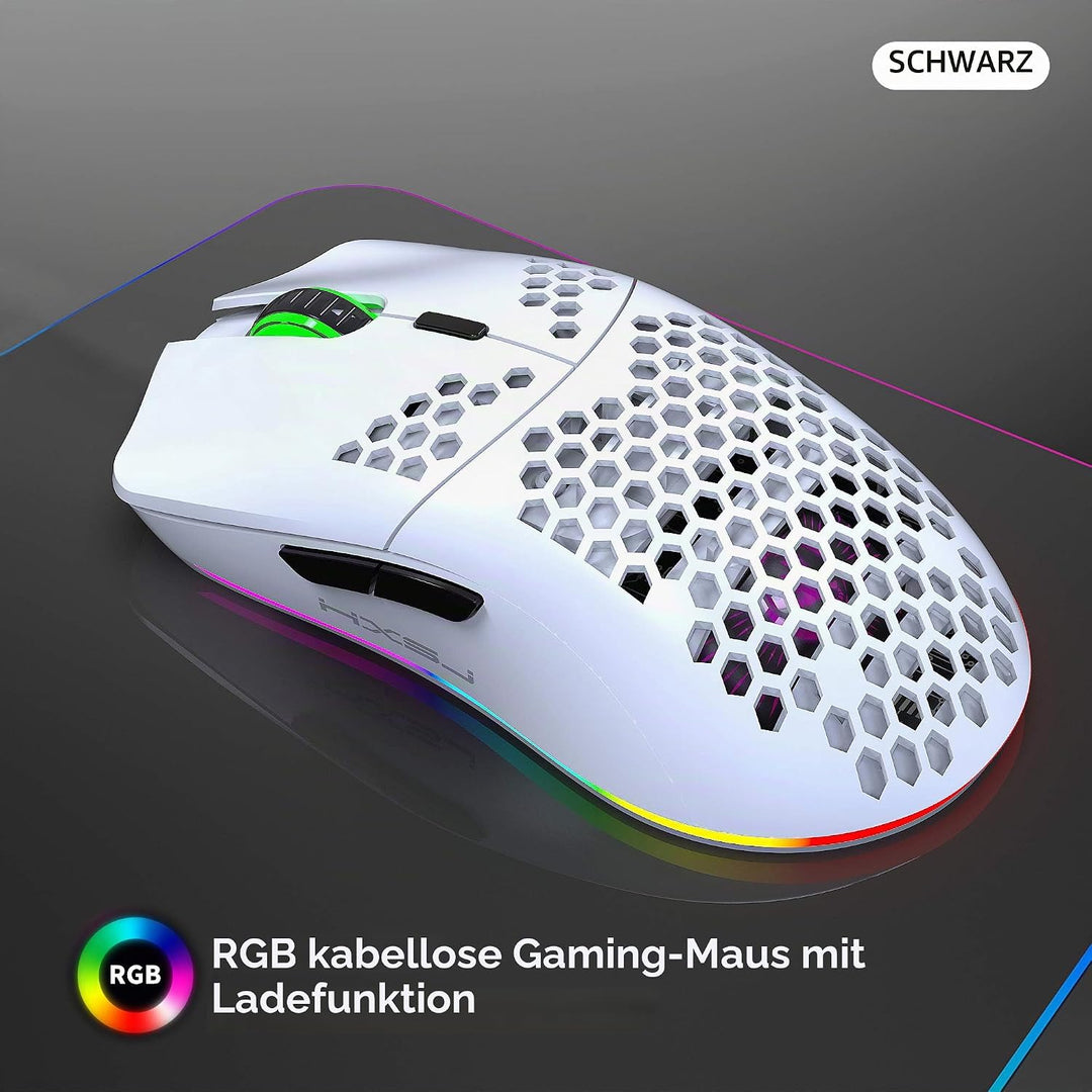 Drahtlose Gaming Maus, 2,4G Superleichte Wabenschale Ergonomische RGB-Mäuse mit 750mAh Akku, Energie