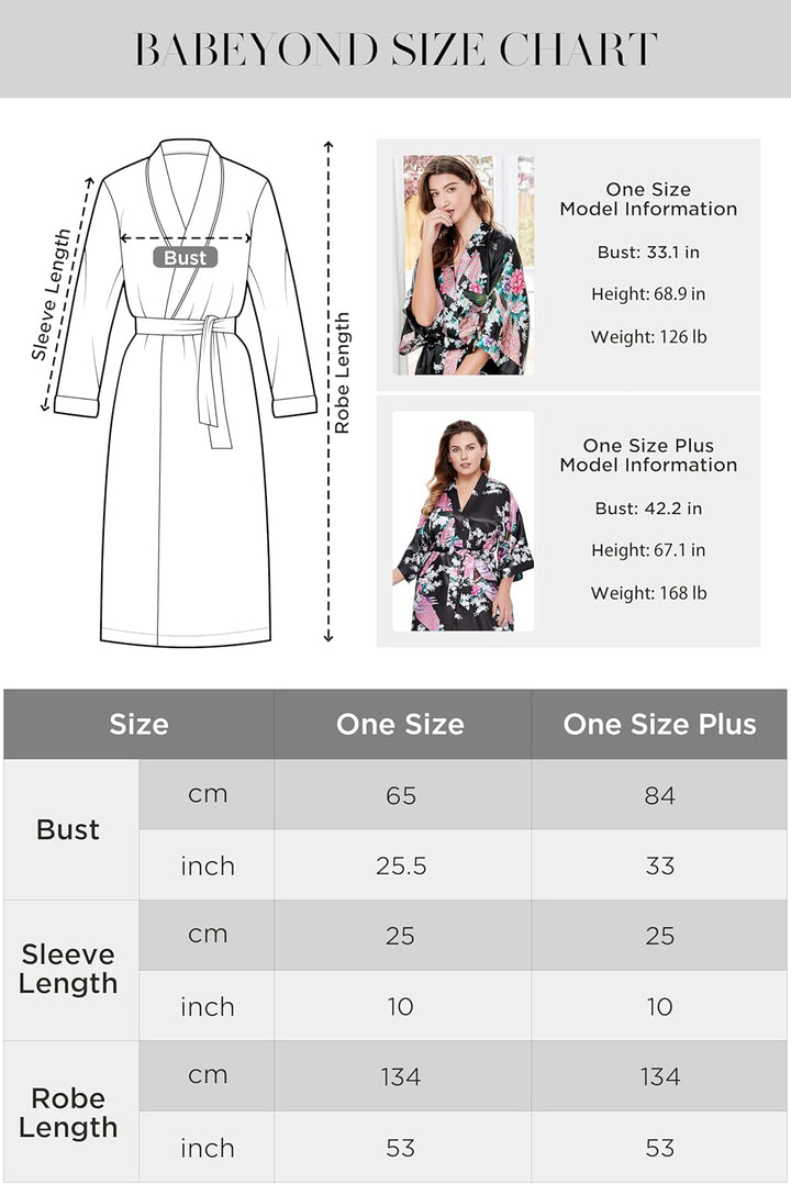 BABEYOND Damen Morgenmantel Maxi Lang Seide Satin Kimono Kleid Pfau Muster Kimono Bademantel Damen L