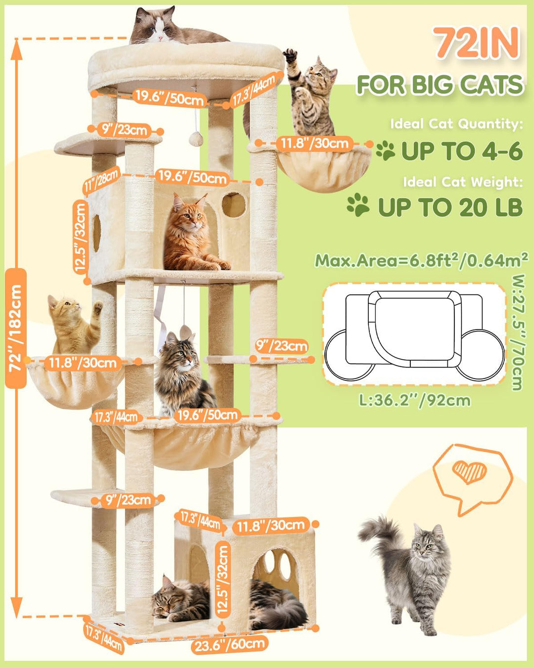 Taoqimiao 182CM Kratzbaum Gross XXL, Katzenbaum Grosse Katzen Stabil kratzbaum Maine Coon mit 2 Katz