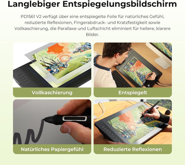 GAOMON PD1561 V2 Zeichentablett mit 15,6-Zoll Bildschirm 16.384 Druckstufen, 99 % sRGB, Delta E＜1,5.