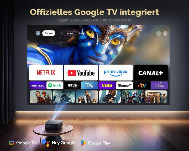 Smart Beamer 4K【1200 ANSI/Google TV】 Netflix Official, Autofokus Trapezkorrektur Beamer WiFi6 Blueto