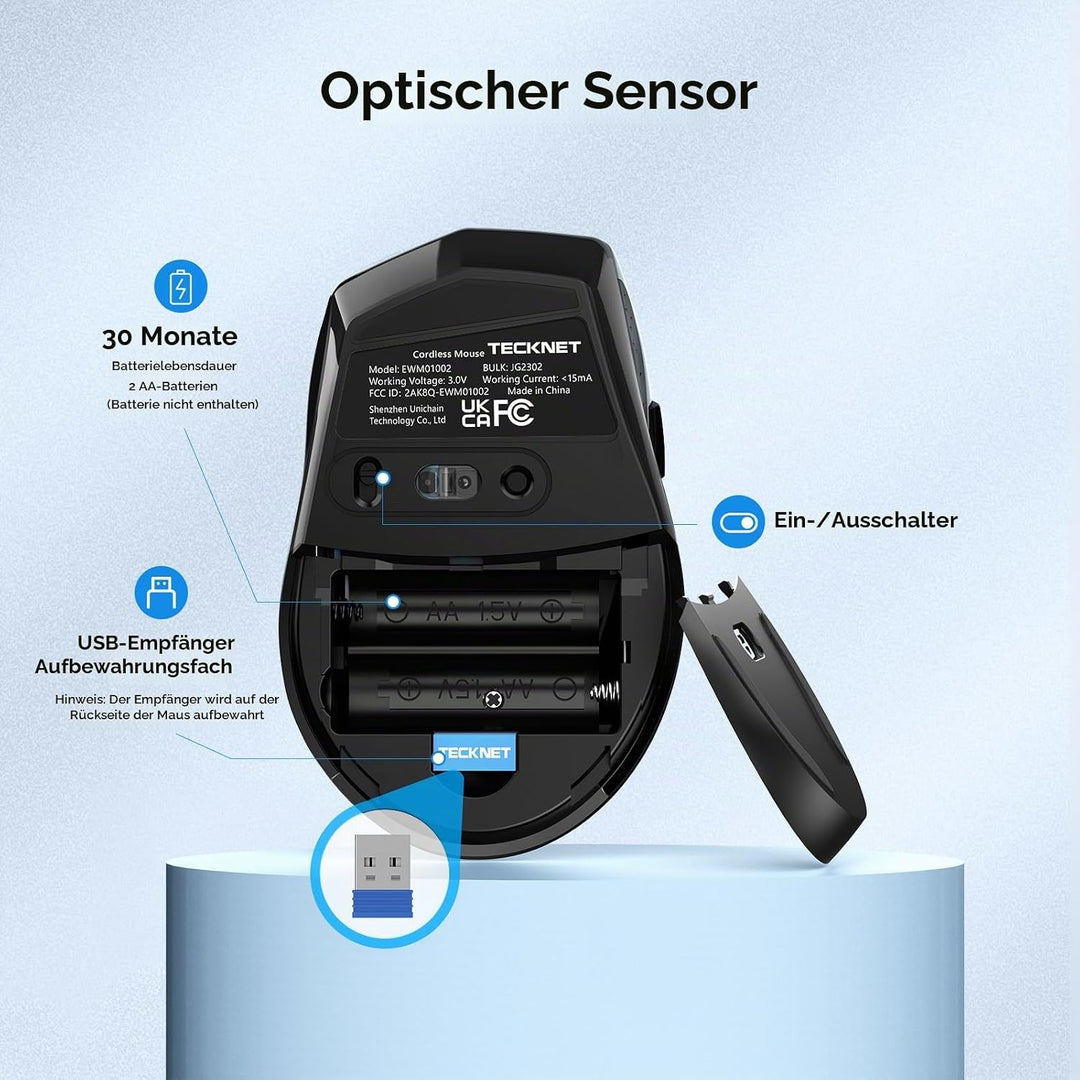 TECKNET Maus Kabellose, 2.4G Optische Funkmaus mit USB Empfänger, Rot, rot