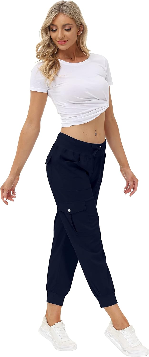JINSHI Hosen Damen Cargohose Lange Capri Freizeithose Outdoor Jogginghose High Waist mit Kordelzug 3