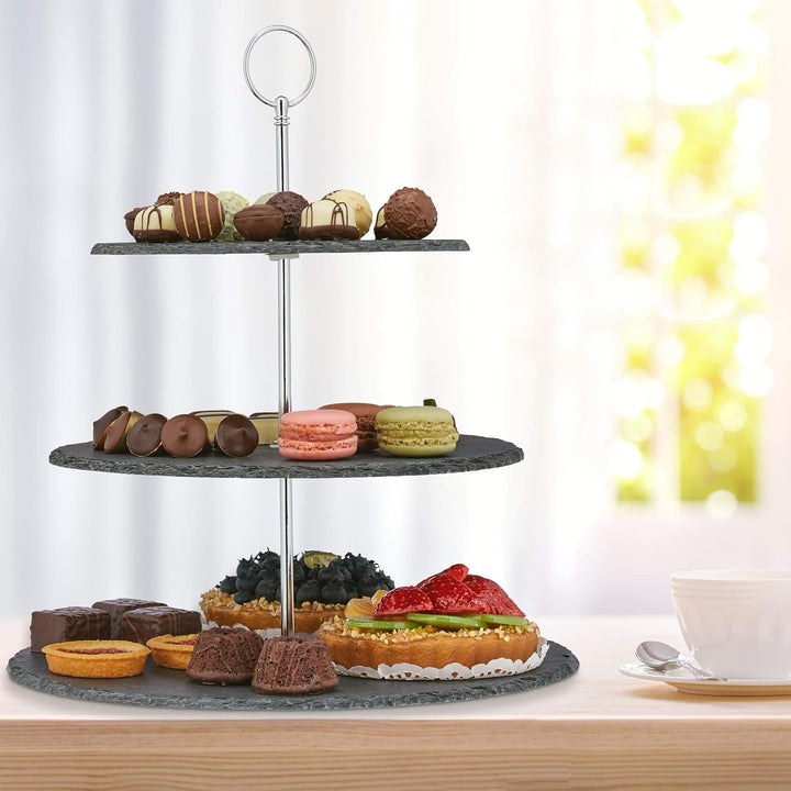 Relaxdays Etagere, 3 Etagen, Schiefer, Kuchen, Snacks, Obst, Metallgriff, Servierständer, HxD 34x30