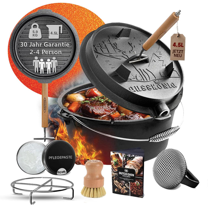 Dutch Oven Set–Eingebrannter Dutch Oven 4,5L–Feuertopf Gusseisen ohne Füss–Schmortopf Doppelfunktion