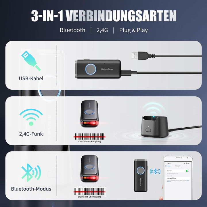 NetumScan Bluetooth-1D/2D/QR Tragbar Barcodescanner mit Ladestation U820 Scannt Data Matrix/EAN, kom