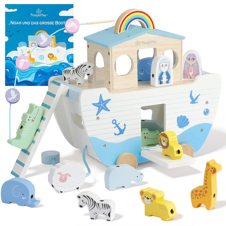 SIMPLIPLAY Holzspielzeug Arche Noah mit Geschichtenbuch Blau Arche Noah, Blau Arche Noah