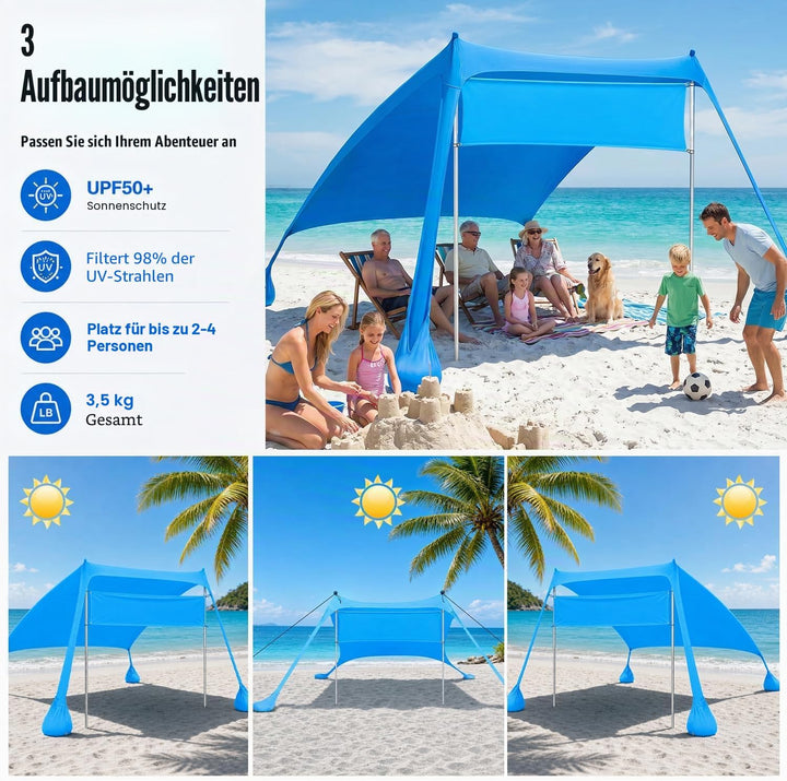 Strandzelt – Sonnensegel Strand 2.1x2.1m mit UV Schutz UPF50+, windstabil &amp; leicht, Strandmuschel mi
