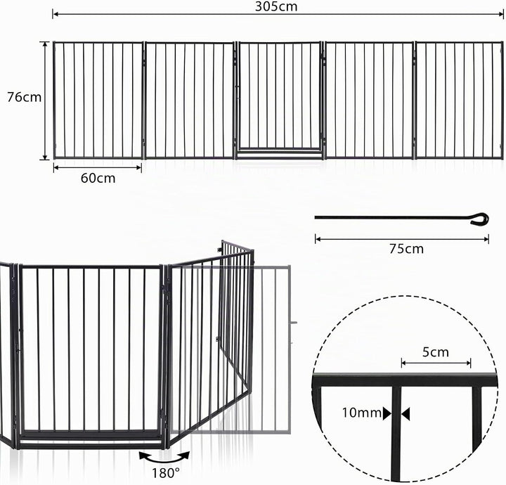 Yznahre Kaminschutzgitter Metall 305cm - 5 Elemente Kinderschutzgitter mit Tür Kamingitter Kindersch