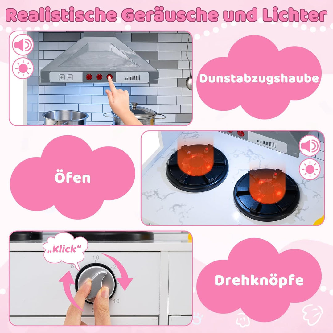 COSTWAY Kinderküche mit Licht, Sound &amp; Wasserfunktion, modulare Spielküche Rosa, Rosa