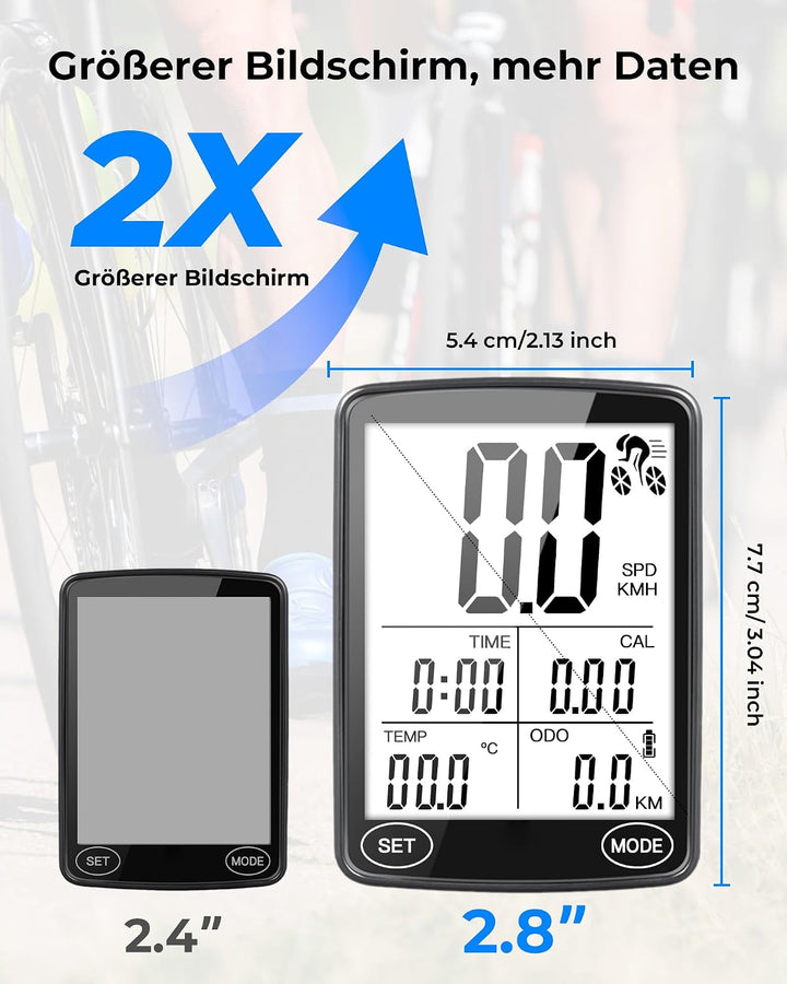 Flechazo Fahrradcomputer Kabellos, 2,8" LCD-Display, 19 Funktionen, Schwarz