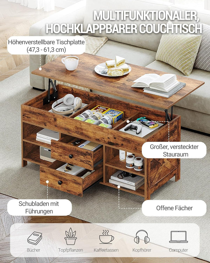 Hzuaneri Couchtisch, höhenverstellbarer Wohnzimmertisch, Sofatisch, 2 Schubladen und Versteckter Sta