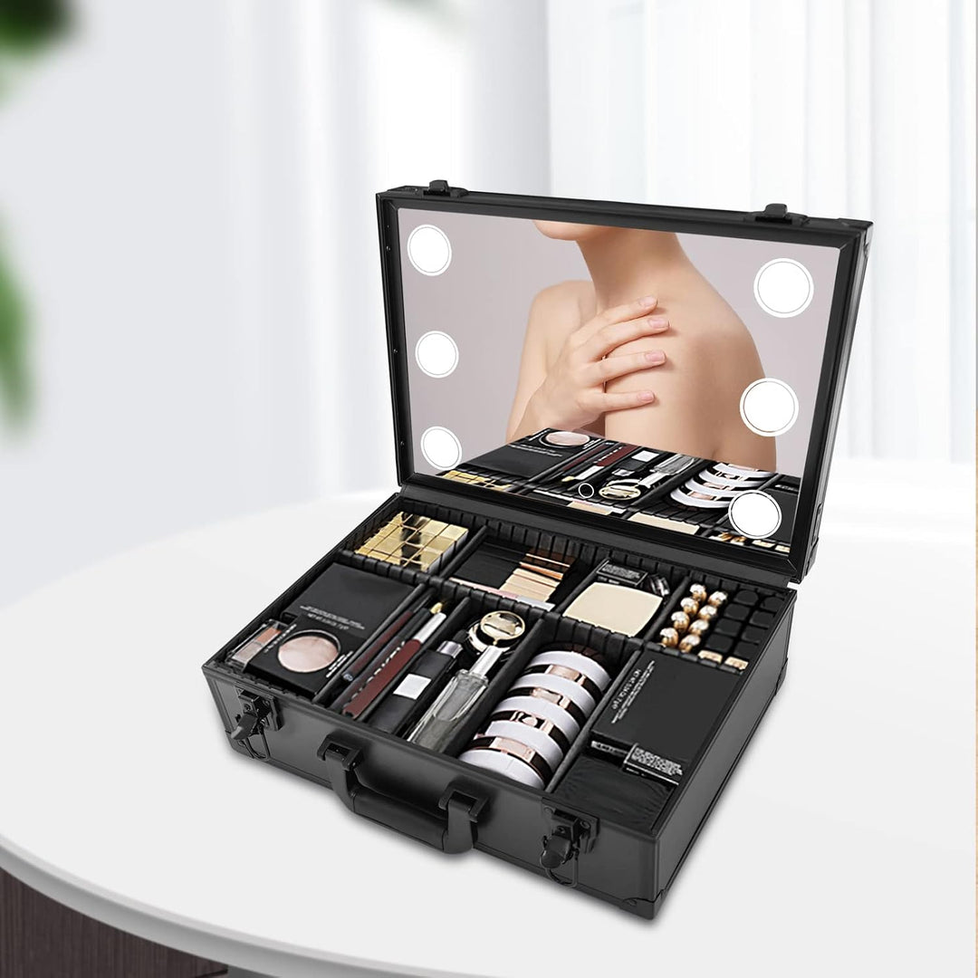 Make-up Koffer mit Lichtern und Spiegel | Grosser Organizer mit individuellen Trennwänden | Tragbare
