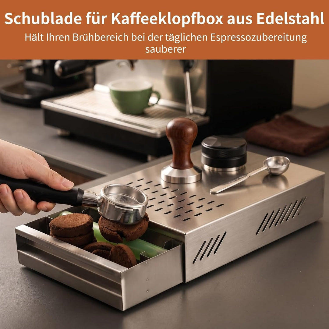 Grosse Edelstahl Kaffee Knock Box Schublade, Silber Espresso Knock Container mit Gummistange, 13,6 x