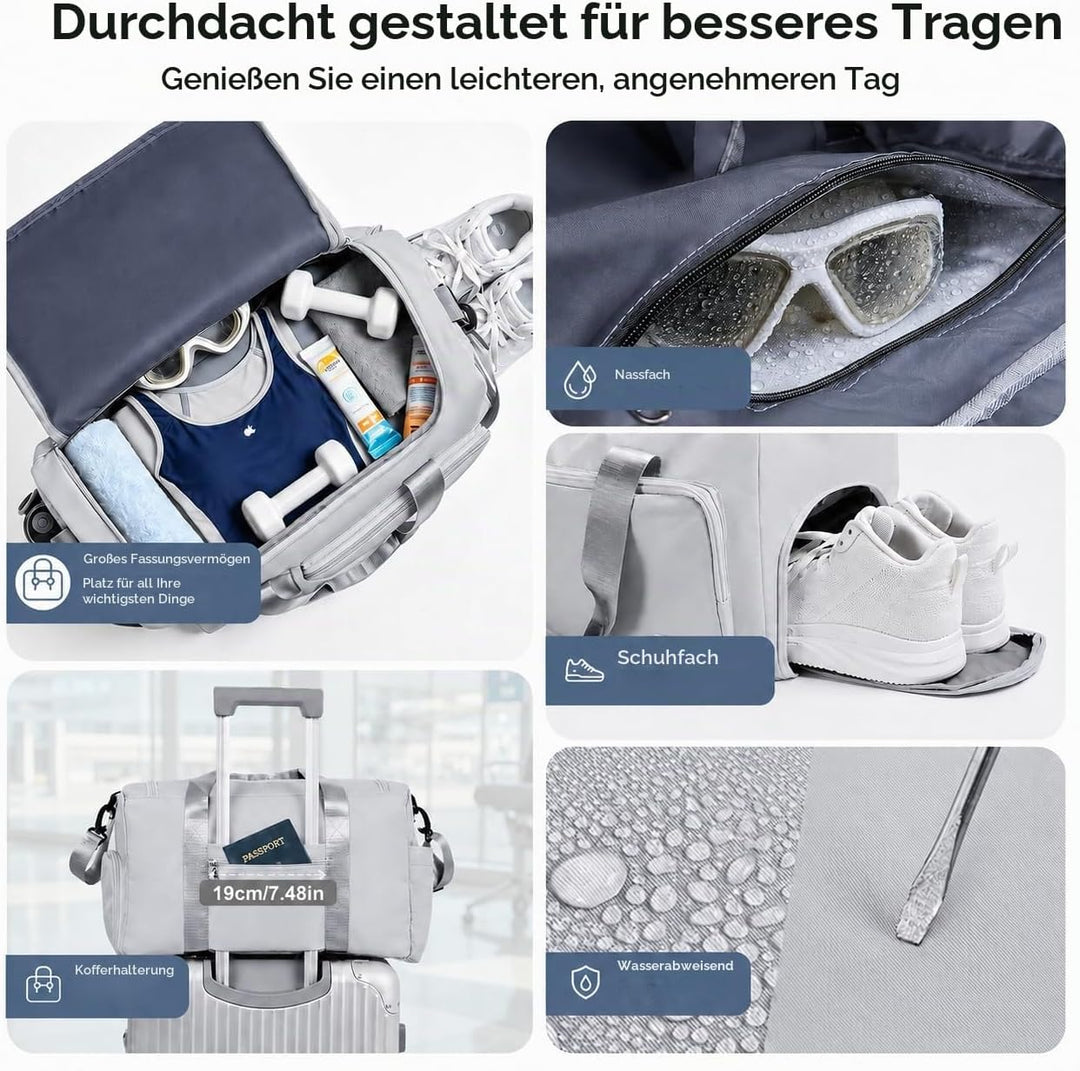 FIORETTO 30L Damen Sporttasche Faltbare Reisetasche mit Schuhfach und Nassfach, Wasserabweisende Wee