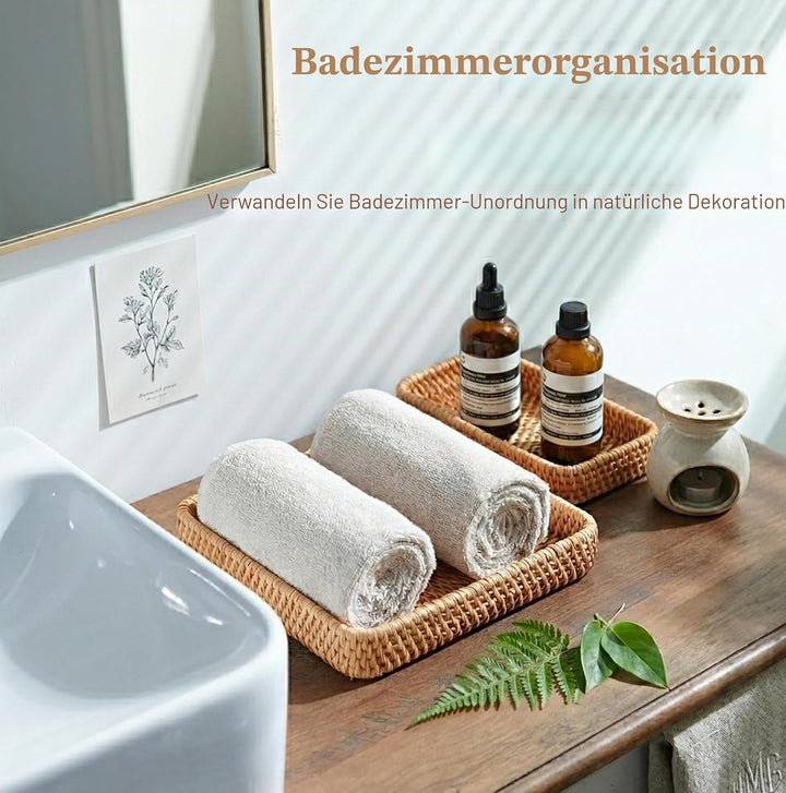 Rattan Serviertablett, Korbtablett Rechteckiges, Natürliches Gewebtes Dekoratives Tablett zum Organi