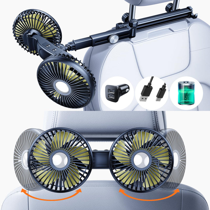 Akku-Ventilator für Auto-Rücksitz mit einziehbarem langem Arm, [Geschenk-Kfz-Ladegerät &amp; USB-C-Kabel