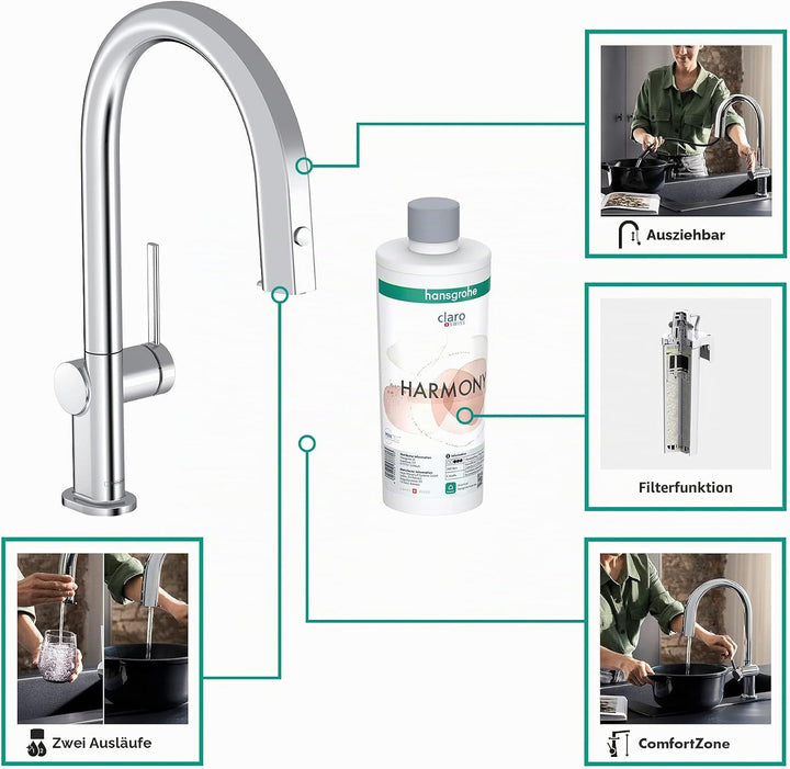 hansgrohe Küchenarmatur Aqittura M91 mit Wasserfilter, 3 Wege Wasserhahn Küche mit Auslauf Höhe 210