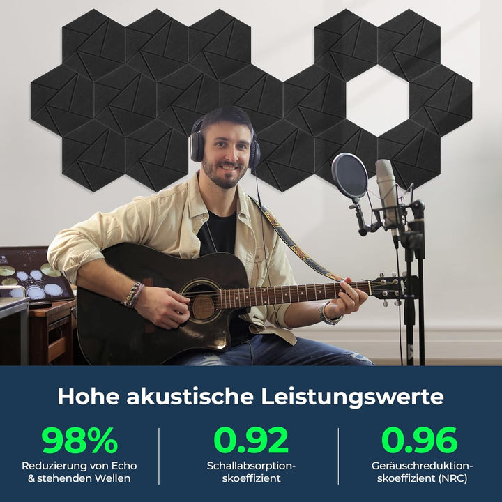 12 Stück Hexagon Akustikplatten Selbstklebend, 30 x 26 x 0,9 cm Hohe Dichte Schallschutzplatten, Aco