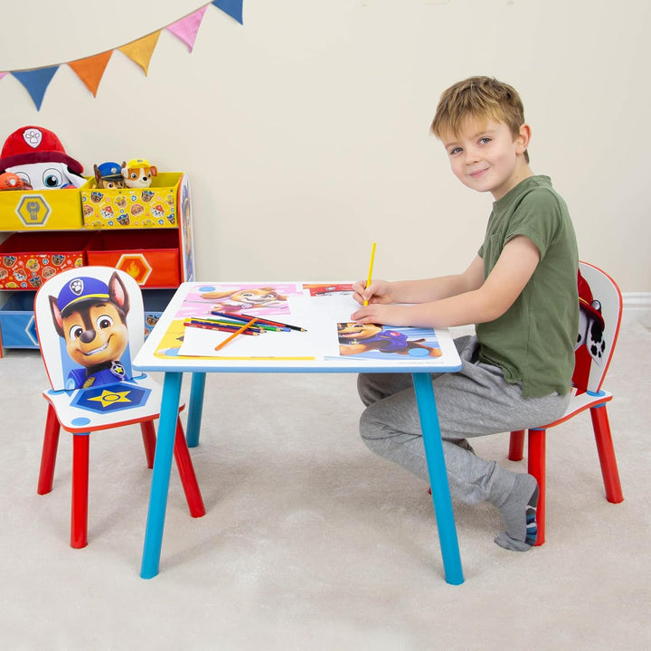 Offizielles Paw Patrol Kindertisch aus Holz und 2 Stühlen, Chase Rubble, Heimmöbel, Kindertisch für
