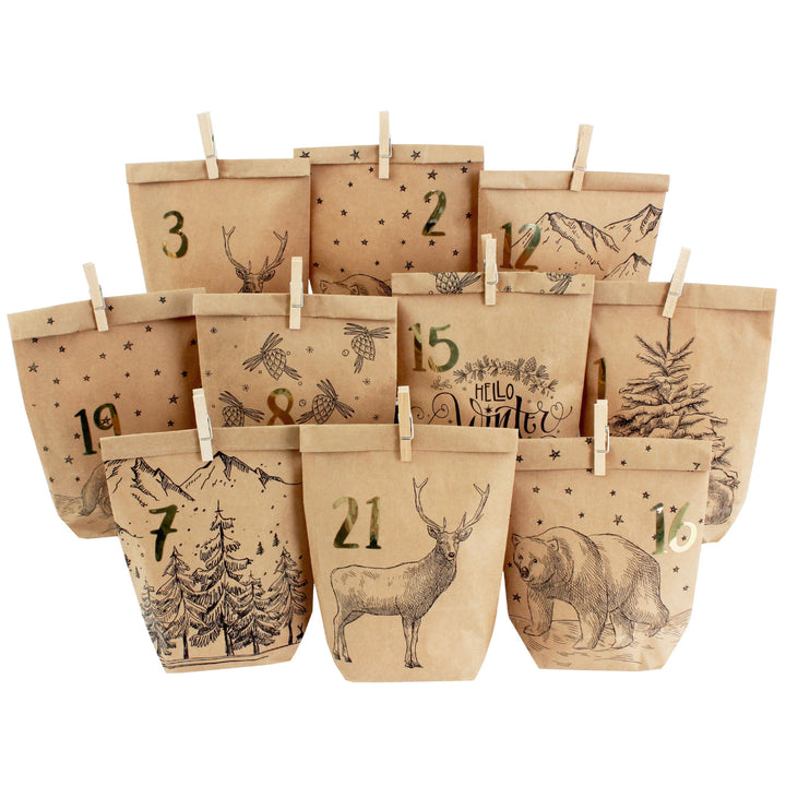 Papierdrachen Adventskalender 2025 zum Befüllen - 24 bedruckte Papiertüten mit Zahlenaufklebern &amp; Kl