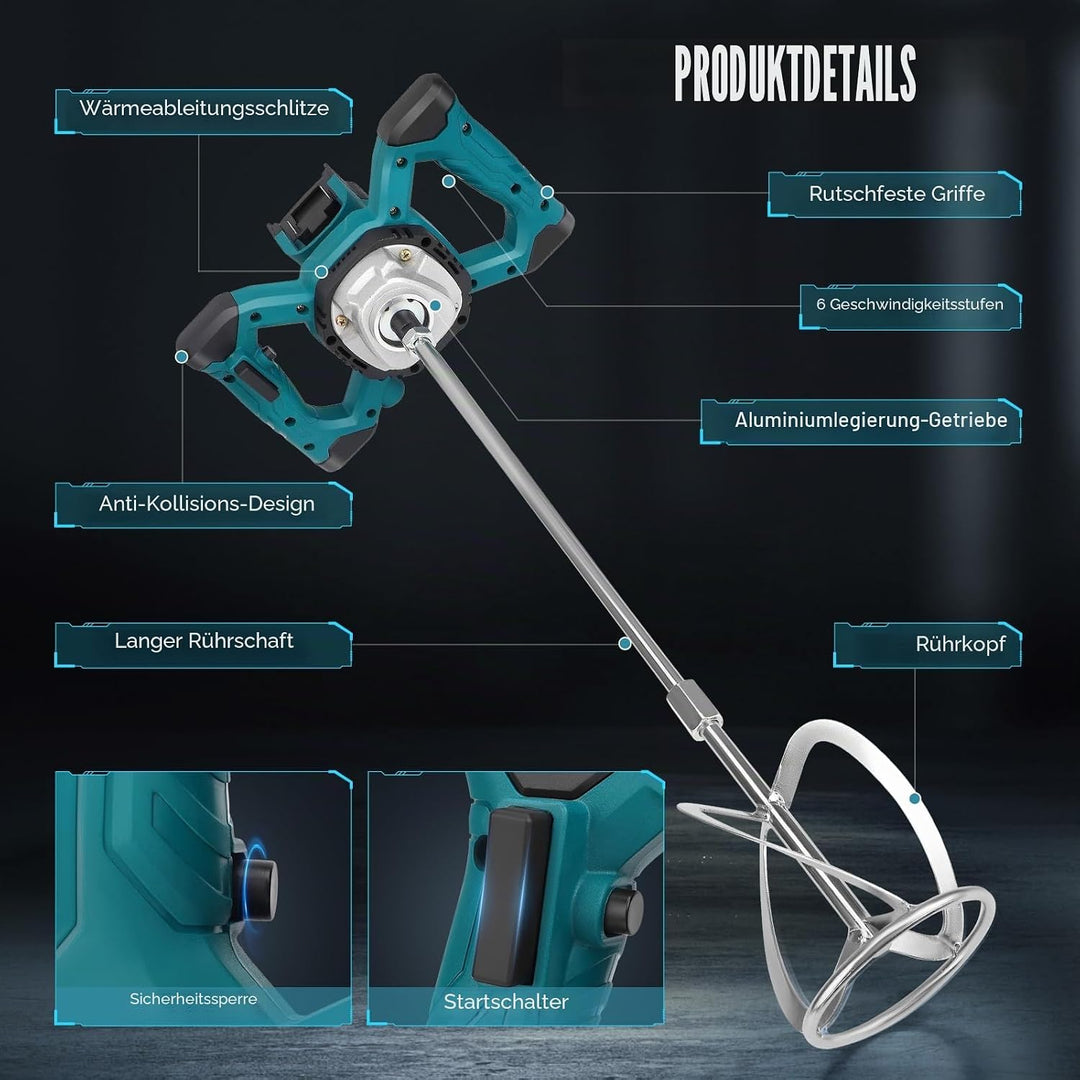 Mörtelrührer Elektrisch, 3100W kompatibel mit 18-21V Batterie （ohne Batterie）Zementmischer mit 6 Ges