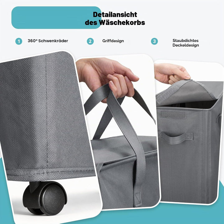 Slim Wäschekorb mit Deckel 55L, Wäschebeutel mit Rollen, atmungsaktiv, zusammenklappbar, schmal,für