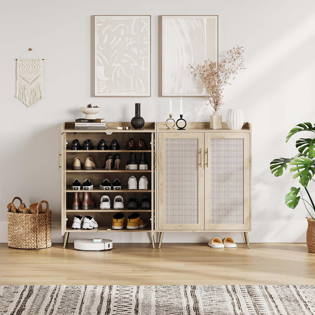 Rattan-Schuhschrank 5 Ebenen, Landhausstil Schuhschrank mit Türen &amp; Verstellbare Regale, Stabile Met