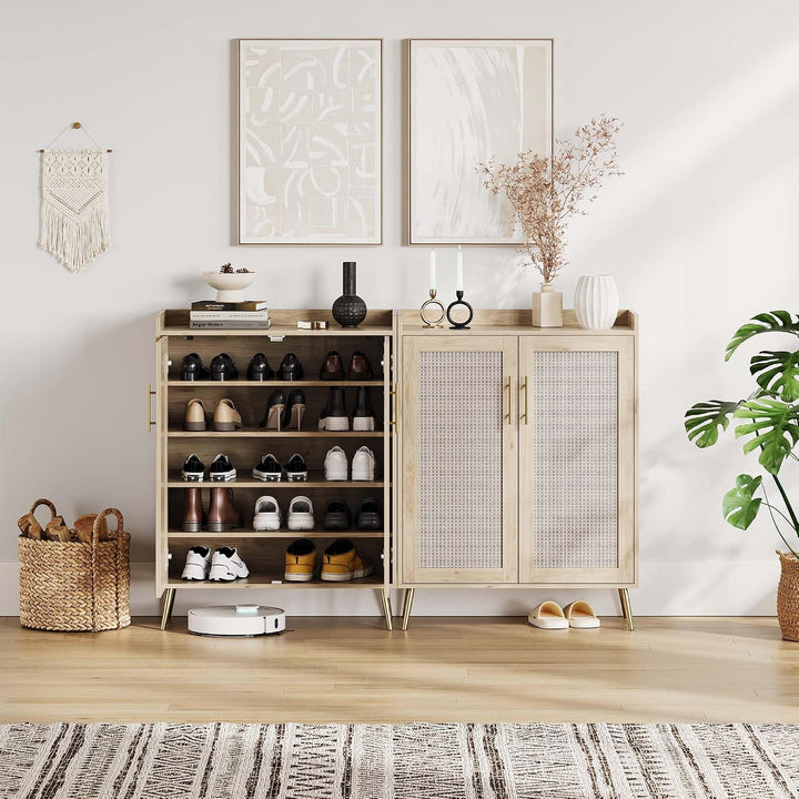 Rattan-Schuhschrank 5 Ebenen, Landhausstil Schuhschrank mit Türen &amp; Verstellbare Regale, Stabile Met
