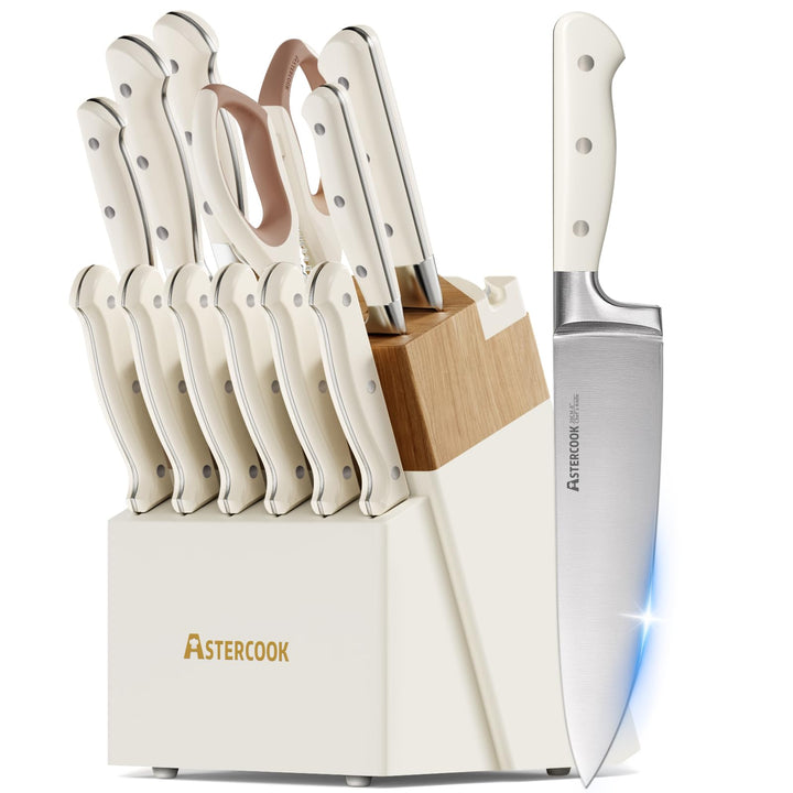 Astercook Messer-Set, Küchenmesser-Set mit Block, 14-teilig, Vollzapfen, Edelstahlmesser mit Schärfe