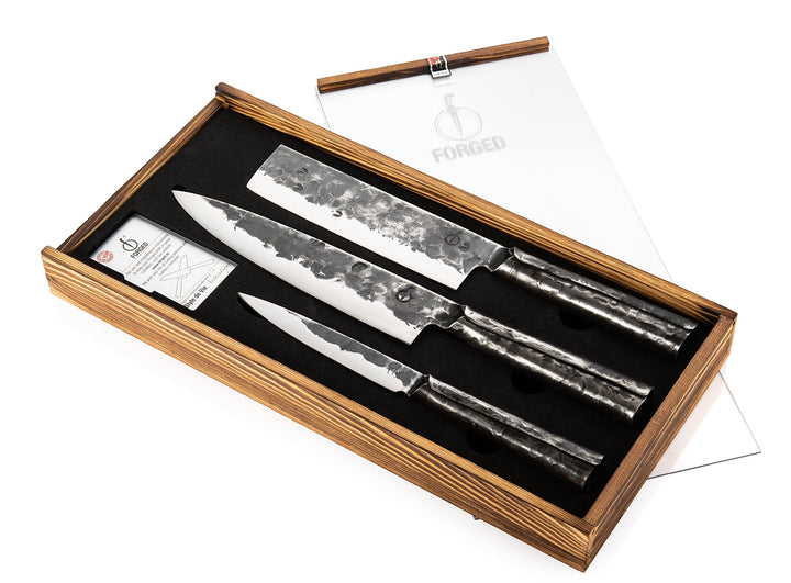 Forged Brute Messerset 3-teilig, handgefertigt, in Holzkiste