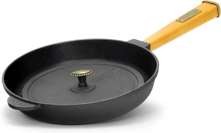 4BIG.fun Ø26cm Grillpfanne Gusseisen mit Pressdeckel Induktion Holzgriff Bratpfanne Pfanne Feuerpfan