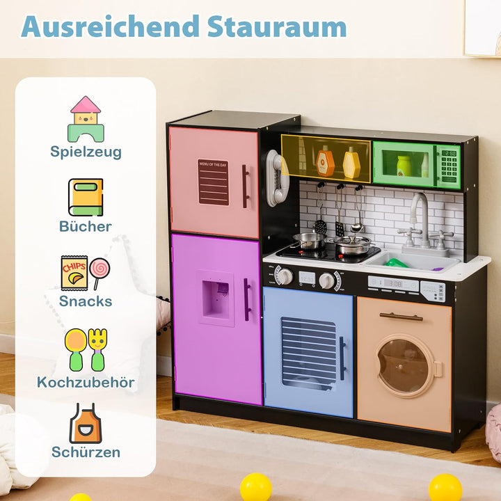 COSTWAY Kinderküche mit Licht und Sound, Spielküche Holz, Holzküche Schwarz, Schwarz