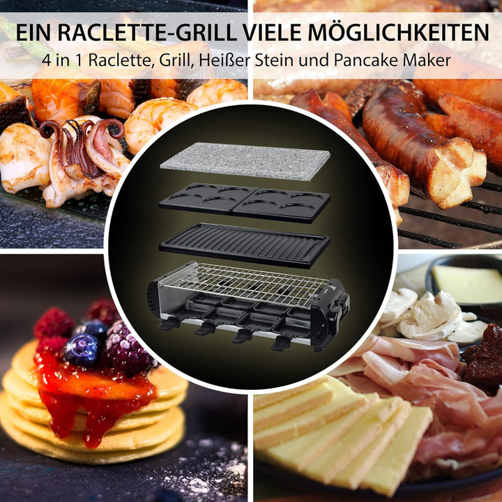 Syntrox Germany Raclette Liestal, 8 Personen, 8 Pfännchen, 4 Grillplatten/heisser Stein, antihaftbes