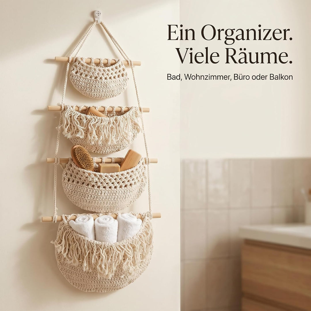 4 Stöckig Hängetasche Wand 104cm lang, Gewebte Hängekorb Makramee Obst Hängende Aufbewahrungskörbe,