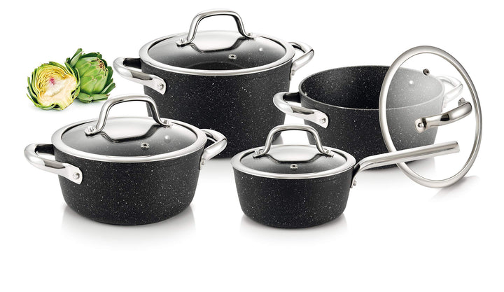 Tescoma PRESIDENT Topfset Stone 8-teilig I Premium Antihaft-Steinbeschichtung I Induktionsboden, Gee