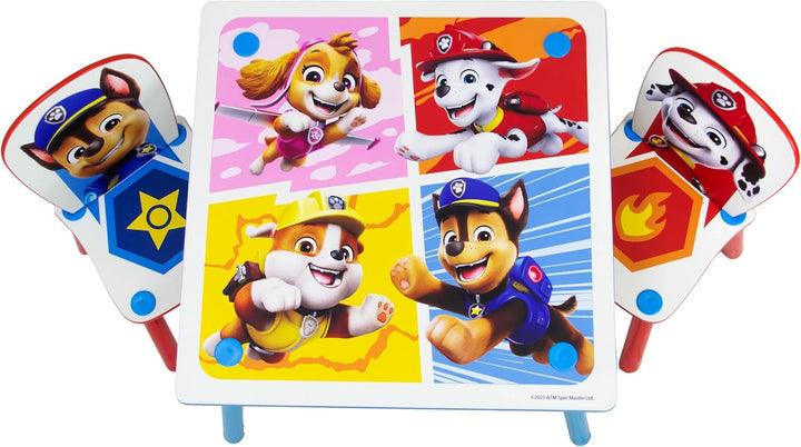 Offizielles Paw Patrol Kindertisch aus Holz und 2 Stühlen, Chase Rubble, Heimmöbel, Kindertisch für