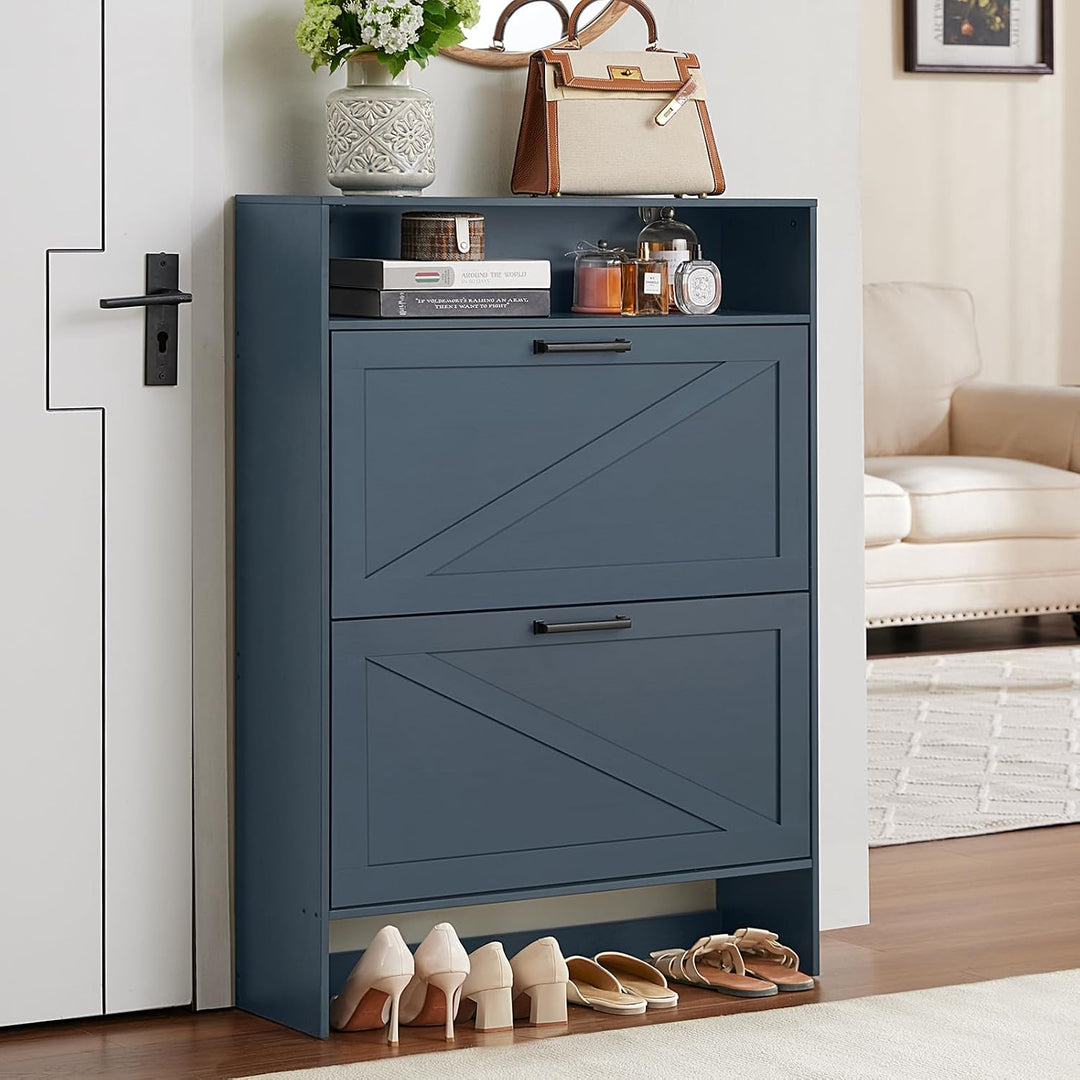 LELELINKY Blaue Schuhschrank, schuhregal mit 2 Klappen,offenen Fächern Schuhkipper,Holz Schmal Schuh
