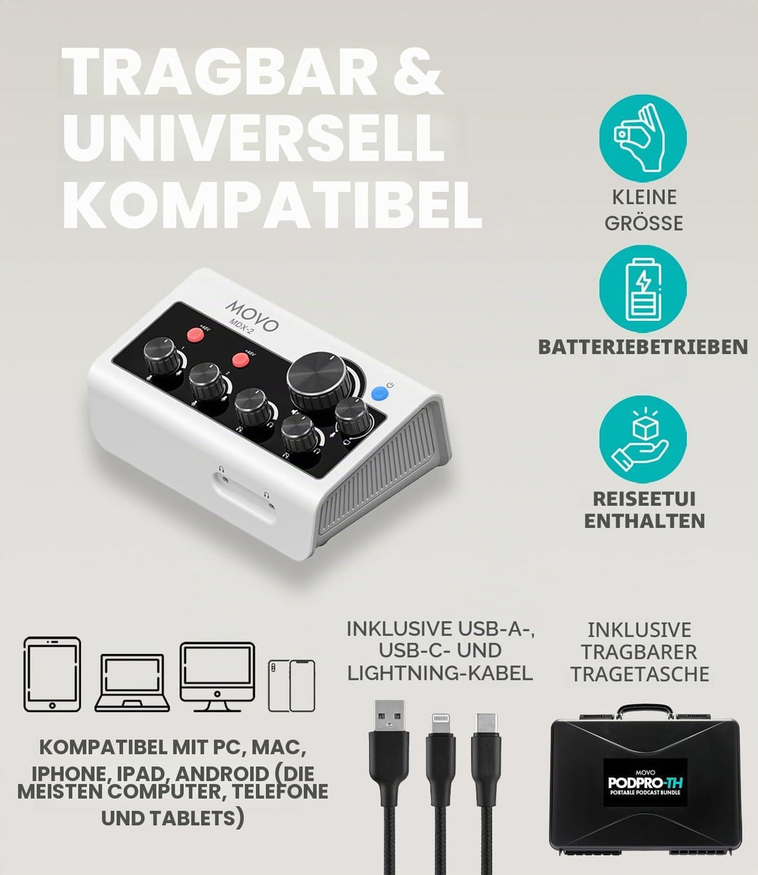 Movo Tragbares Podcast-Ausrüstungspaket für iPhone/Android-Handys, Podcast-Kit mit Audio-Schnittstel