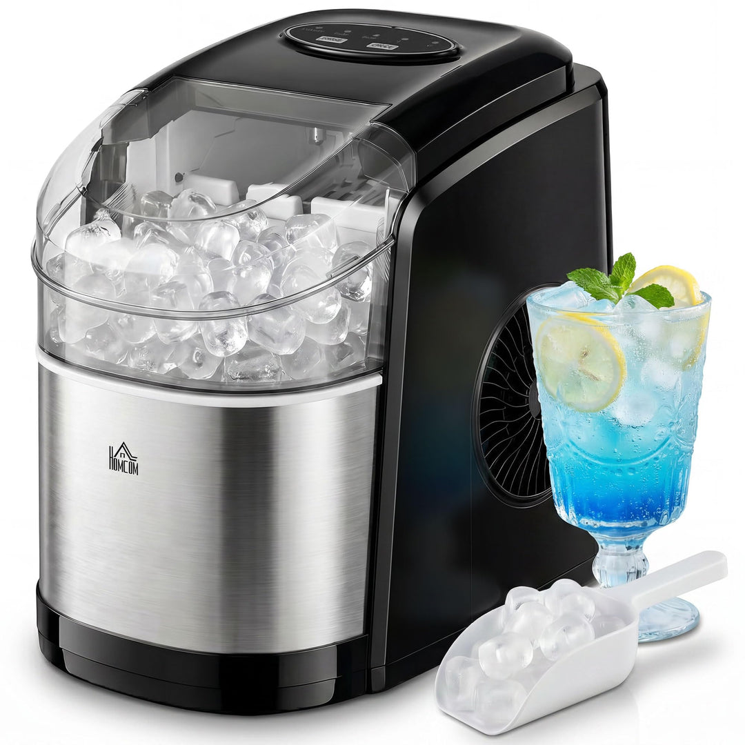 HOMCOM Eiswürfelmaschine Edelstahl, 12 kg 24 Stunden, 9 Eiswürfel in 6-9 Minuten, Verstellbar Würfel