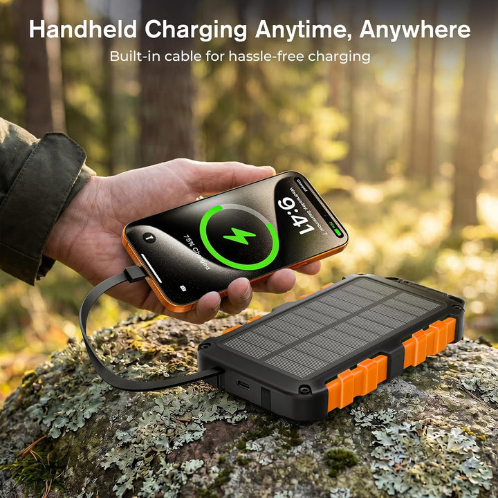 Solar Powerbank 10000mAh, 2 integrierte Kabel, USB-C PD 22.5W