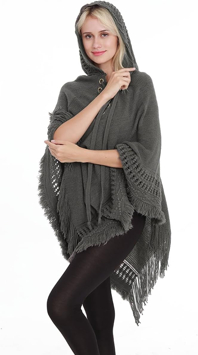 Rayson Poncho Damen Elegant Warm Winter mit Kapuze Solid Color Strick Ponchos Capes für Damen mit Fr