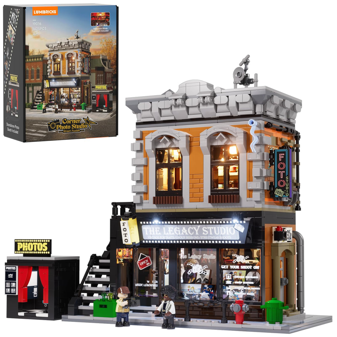 Lumibricks Eck-Fotostudio Klemmbaustein-Set mit LED-Beleuchtung, 1425 Teile Modulares Eckgebäude für