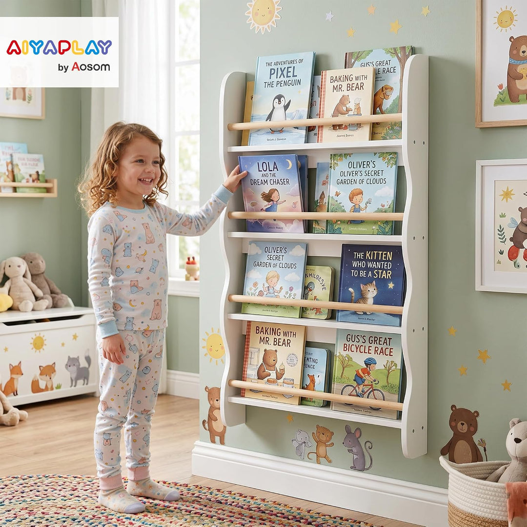 AIYAPLAY Bücherregal Kinder Wandregal mit Kippschutz 60 x 10 x 98 cm Weiss