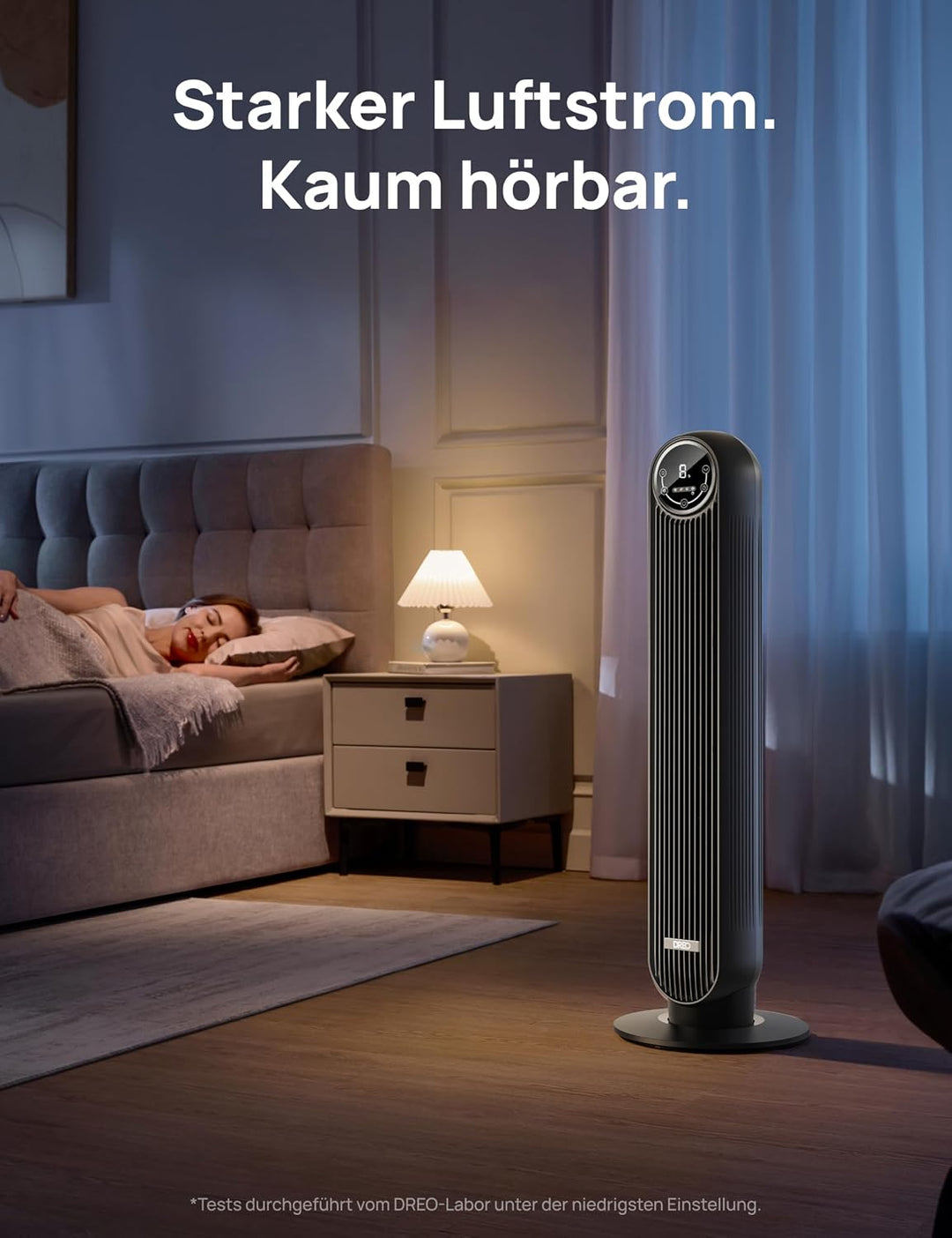 Dreo Leiser Turmventilator für Schlafzimmer, 7,3m/s Geschwindigkeit Ventilator mit Kühlung, 90° oszi