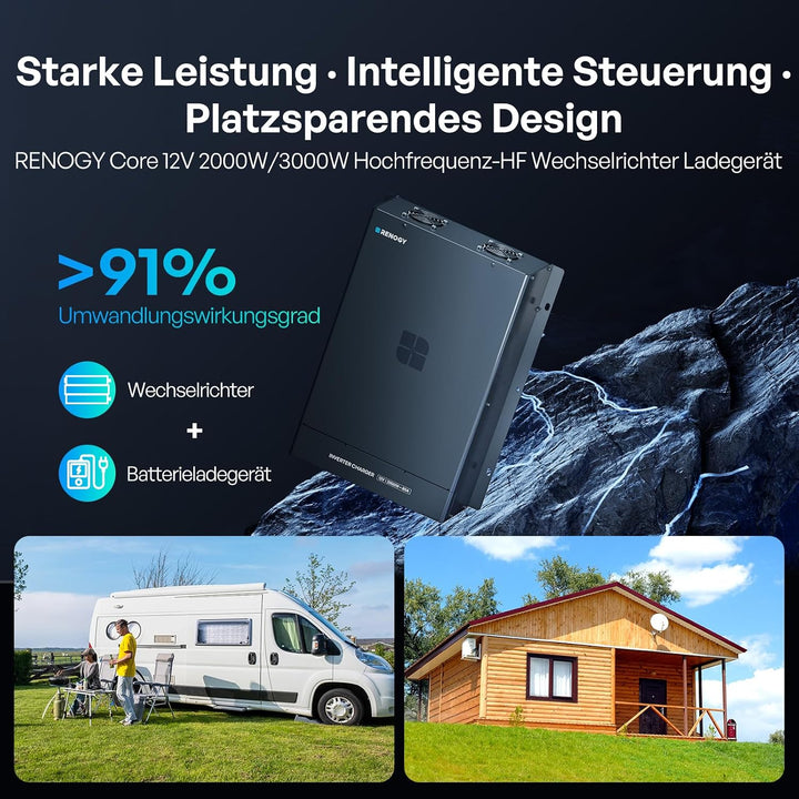Renogy 2000W 12V HF Wechselrichter-Ladegerät, 12V DC auf 230V AC Reiner Sinus Wechselrichter-Ladeger