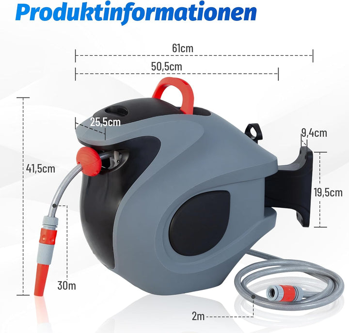 30m Automatische Gartenschlauchtrommel mit 9-fach Sprühdüse, Wandhalterung &amp; verstellbarer Rückholsp